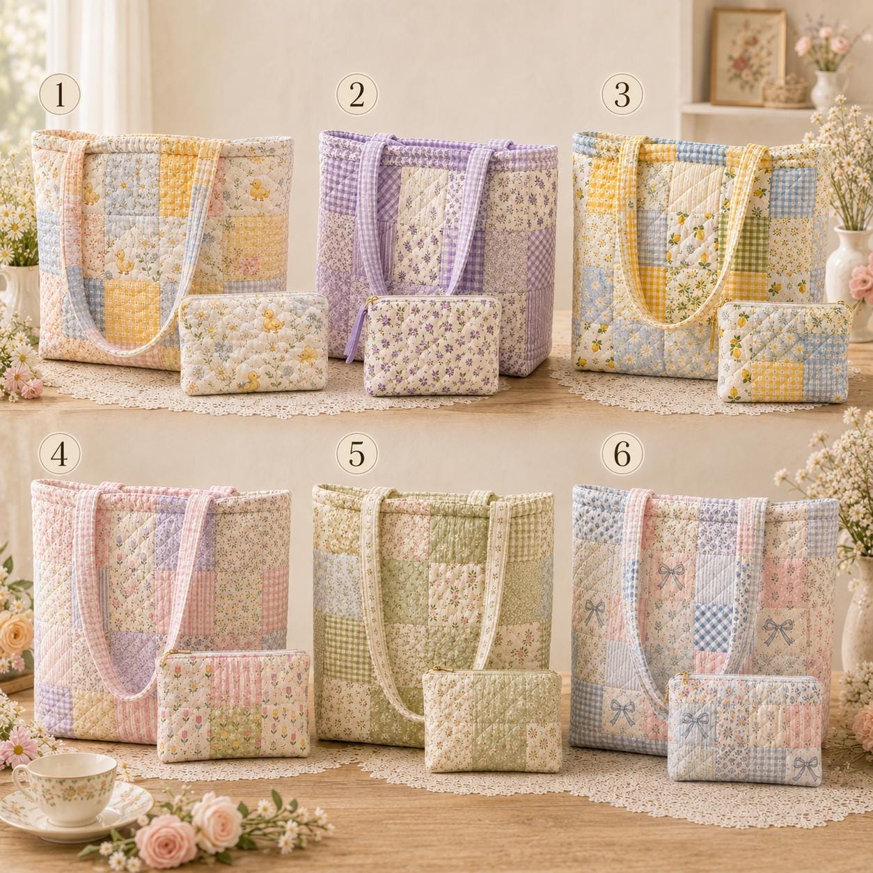Pastel Floral Cotton Tote Shoulder Bag Set with Matching Pouch, Cottagecore Carryall and Handmade Style Gift - photo 3