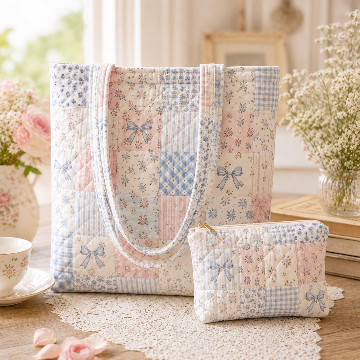 Pastel Floral Cotton Tote Shoulder Bag Set with Matching Pouch, Cottagecore Carryall and Handmade Style Gift - photo 6