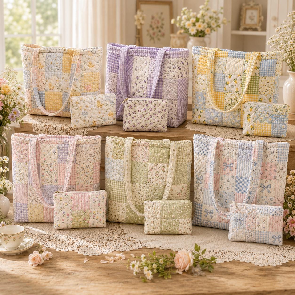 Pastel Floral Cotton Tote Shoulder Bag Set with Matching Pouch, Cottagecore Carryall and Handmade Style Gift - photo 8