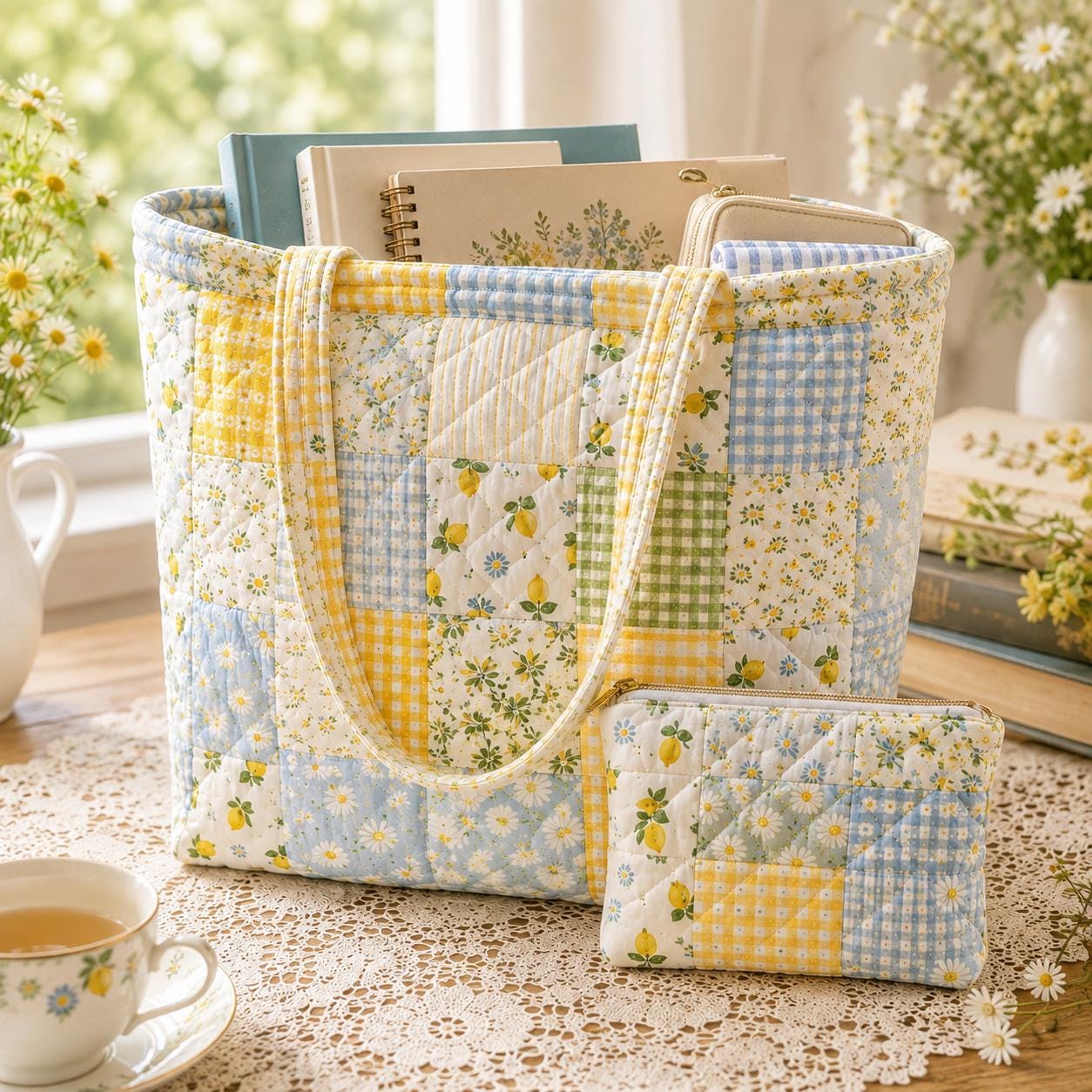 Pastel Floral Cotton Tote Shoulder Bag Set with Matching Pouch, Cottagecore Carryall and Handmade Style Gift - photo 9