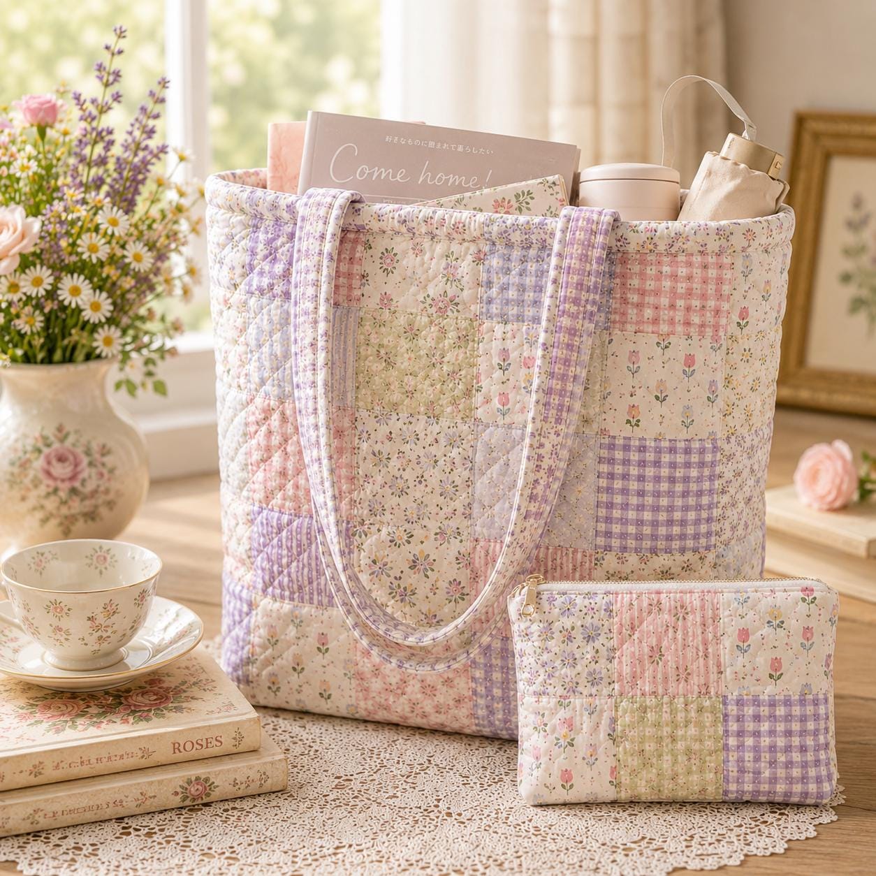 Pastel Floral Cotton Tote Shoulder Bag Set with Matching Pouch, Cottagecore Carryall and Handmade Style Gift - photo 10