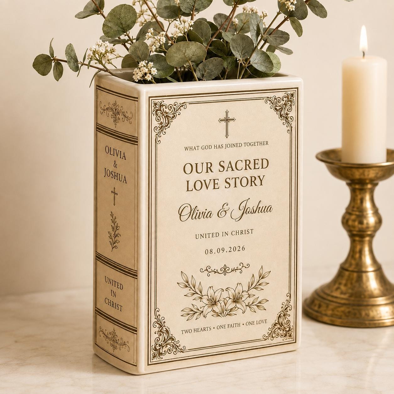 Personalized Ceramic Christian Wedding Book Vase with Cross Names Date Keepsake, Religious Marriage Gift and Decor