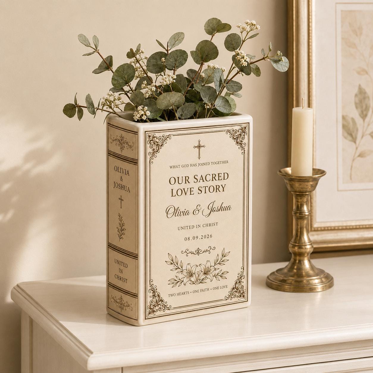 Personalized Ceramic Christian Wedding Book Vase with Cross Names Date Keepsake, Religious Marriage Gift and Decor - photo 3
