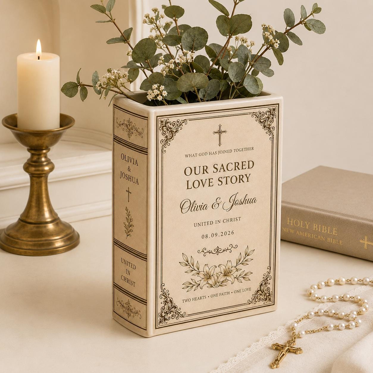 Personalized Ceramic Christian Wedding Book Vase with Cross Names Date Keepsake, Religious Marriage Gift and Decor - photo 6