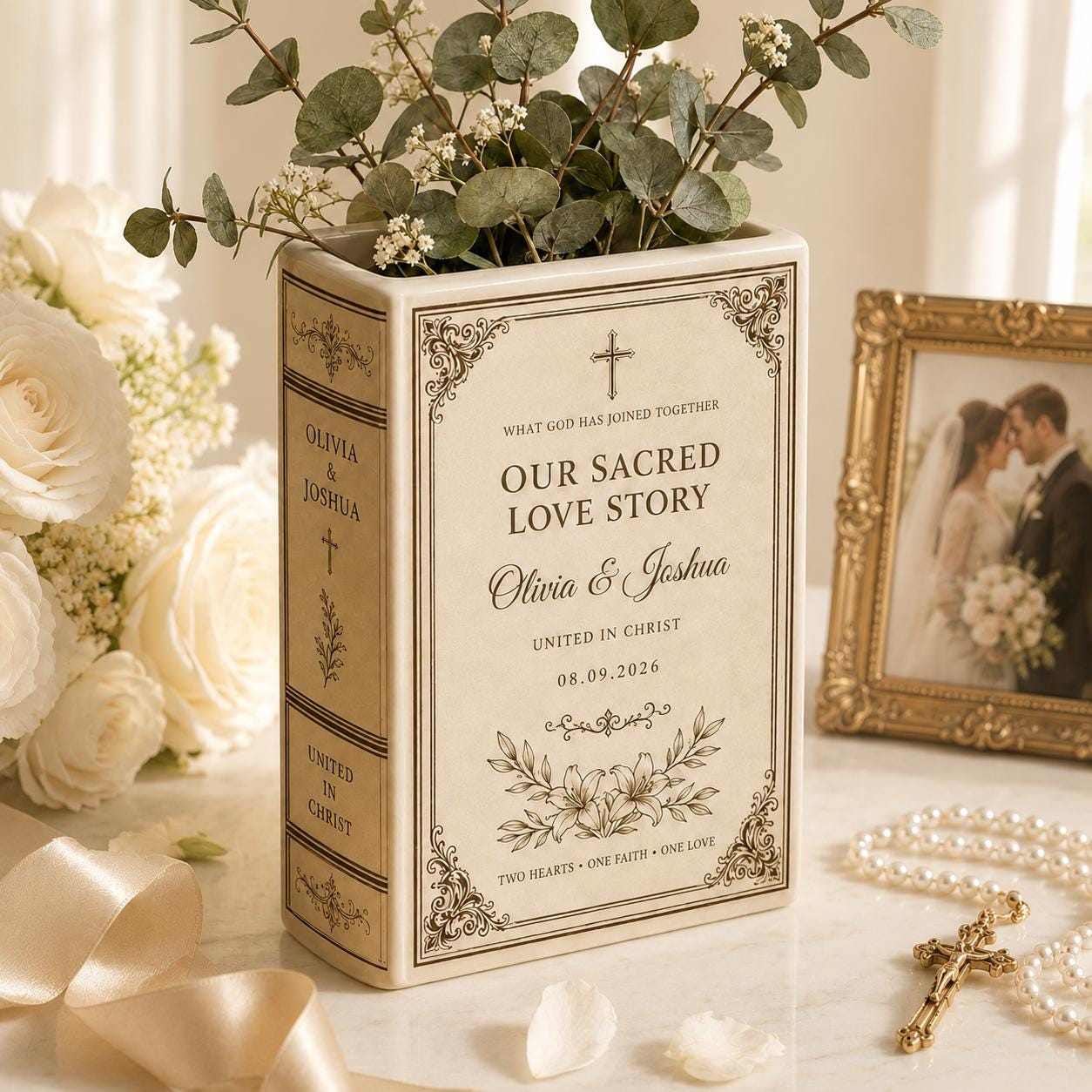 Personalized Ceramic Christian Wedding Book Vase with Cross Names Date Keepsake, Religious Marriage Gift and Decor - photo 7