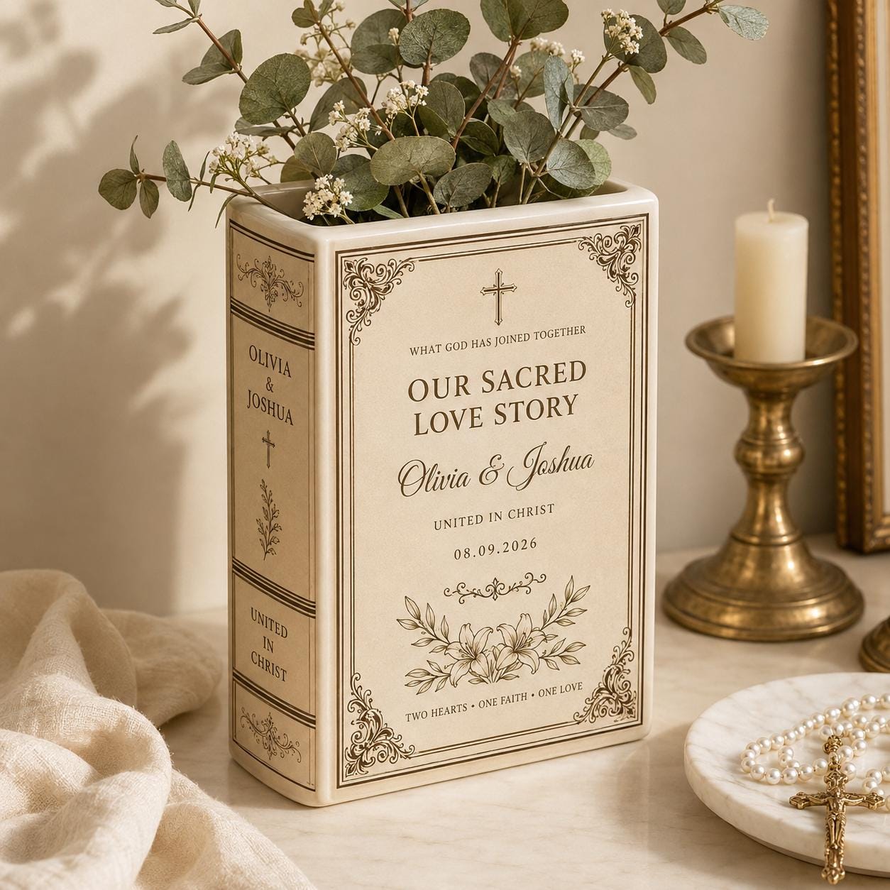 Personalized Ceramic Christian Wedding Book Vase with Cross Names Date Keepsake, Religious Marriage Gift and Decor - photo 8