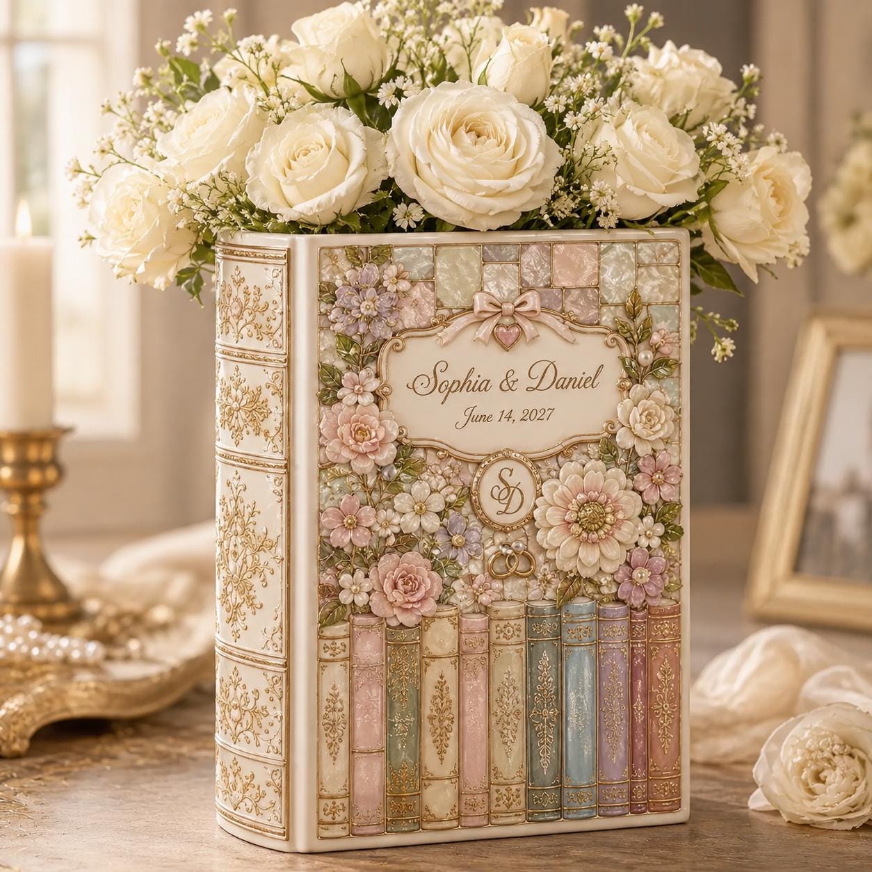 Personalized Custom Ceramic Floral Wedding Book Vase with Bride Groom Names Date Monogram and Keepsake Decor