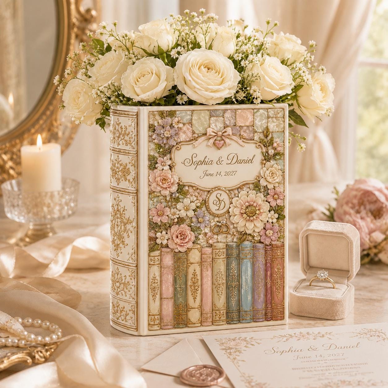 Personalized Custom Ceramic Floral Wedding Book Vase with Bride Groom Names Date Monogram and Keepsake Decor - photo 4
