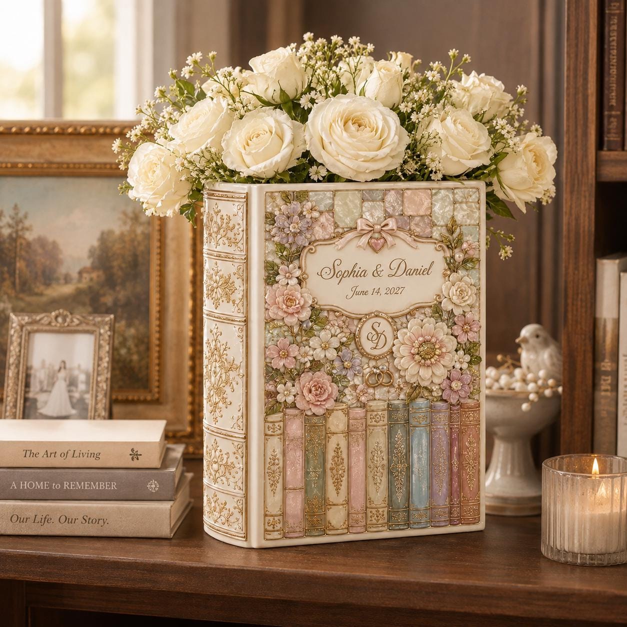 Personalized Custom Ceramic Floral Wedding Book Vase with Bride Groom Names Date Monogram and Keepsake Decor - photo 6