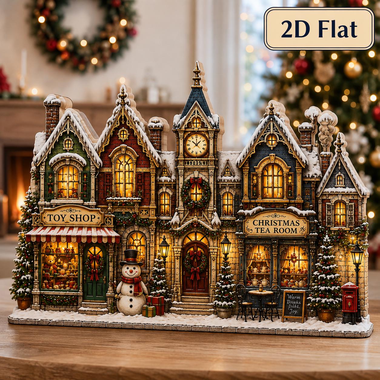 Christmas Village Wooden Decor for Toy Shop Tea Room Clock Tower and Snowy Holiday Street Shelf Sitter