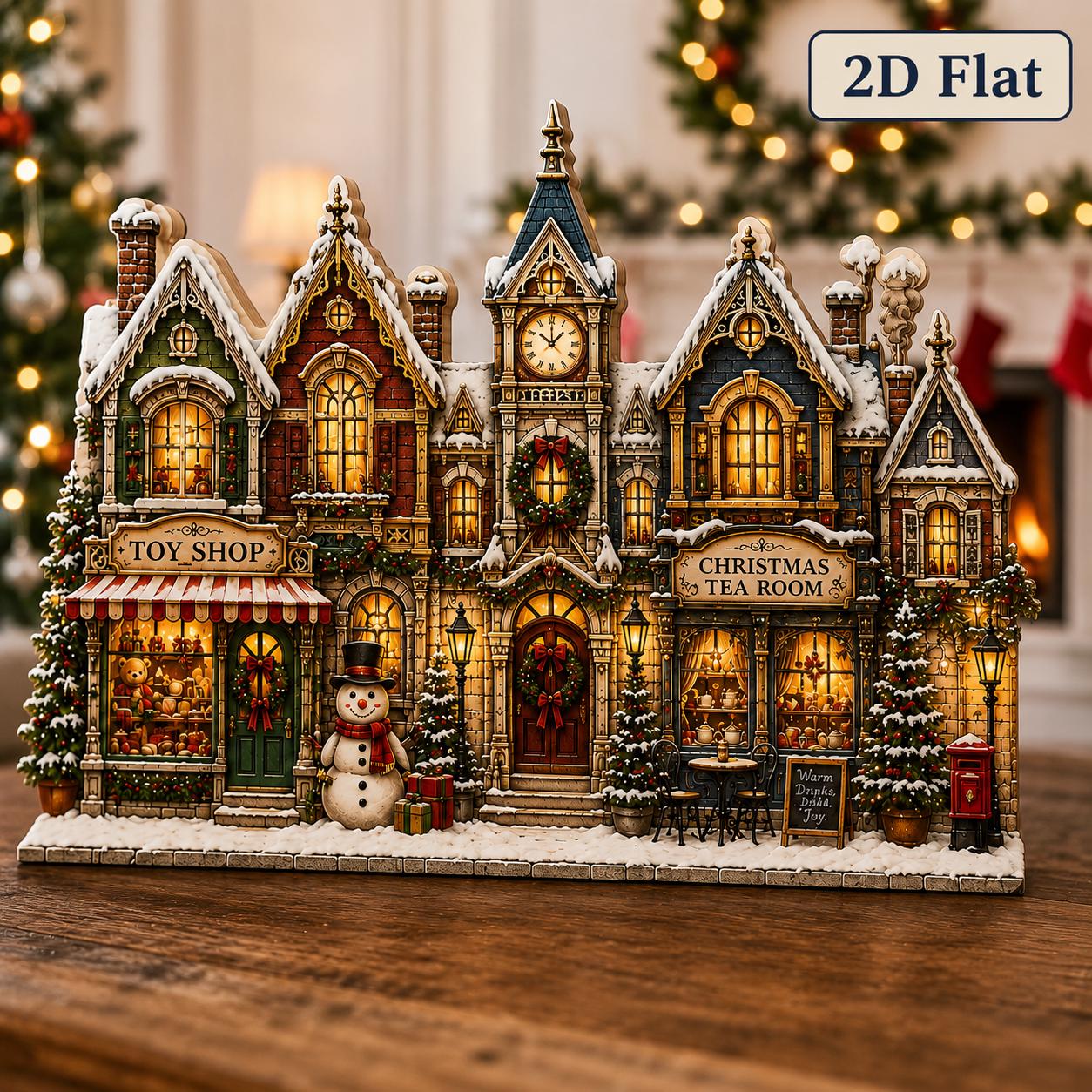 Christmas Village Wooden Decor for Toy Shop Tea Room Clock Tower and Snowy Holiday Street Shelf Sitter - photo 2