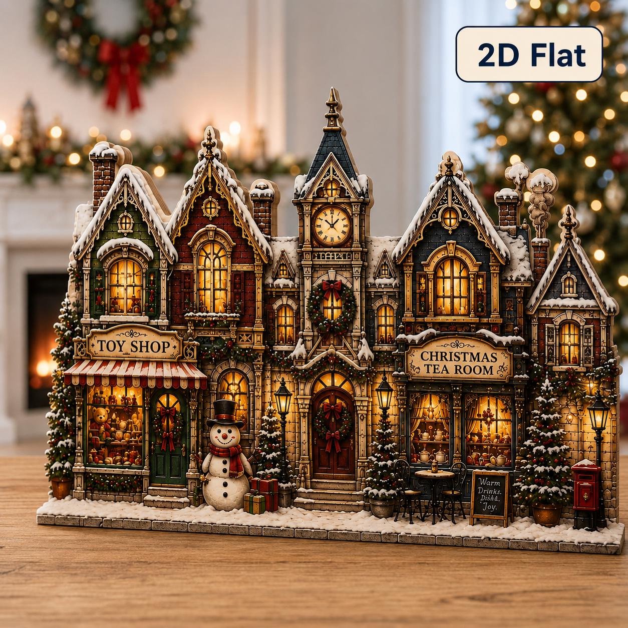 Christmas Village Wooden Decor for Toy Shop Tea Room Clock Tower and Snowy Holiday Street Shelf Sitter - photo 4