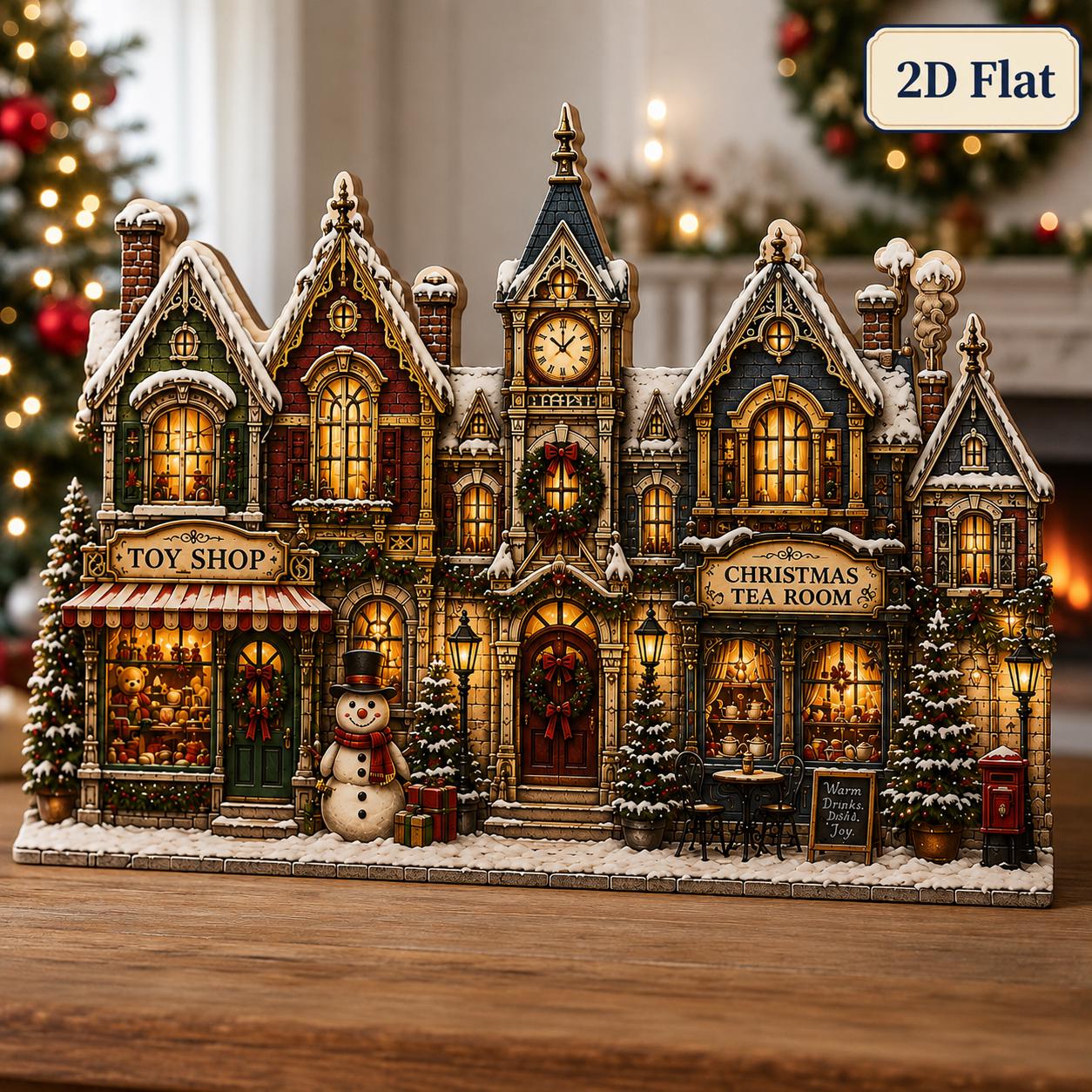 Christmas Village Wooden Decor for Toy Shop Tea Room Clock Tower and Snowy Holiday Street Shelf Sitter - photo 5