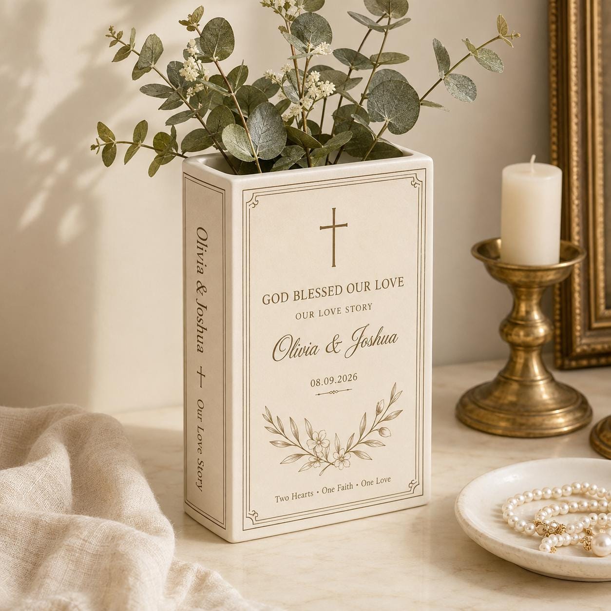 Personalized Christian Wedding Book Flower Vase with Couple Names and Date, Religious Faith Marriage Keepsake and Gift