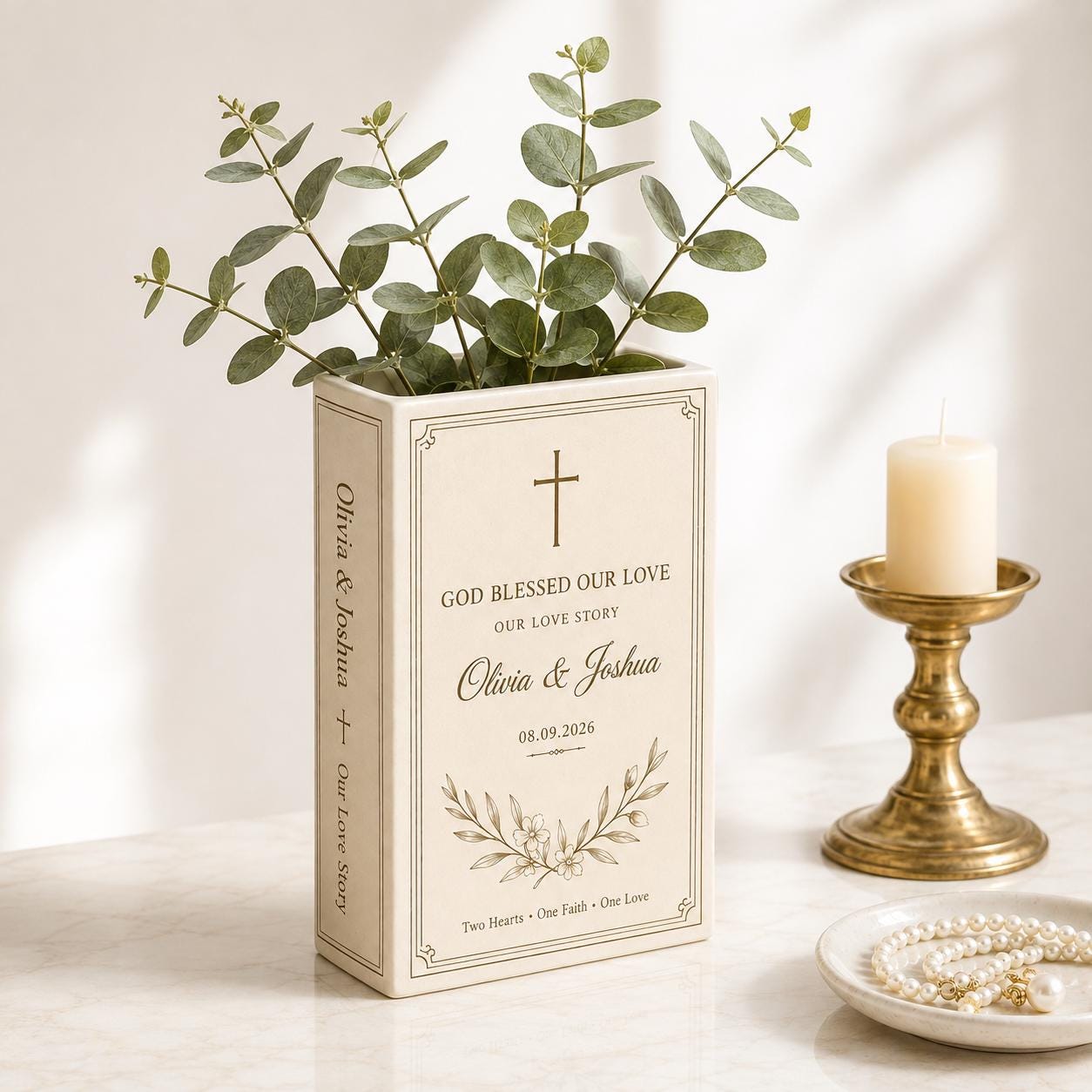 Personalized Christian Wedding Book Flower Vase with Couple Names and Date, Religious Faith Marriage Keepsake and Gift - photo 4