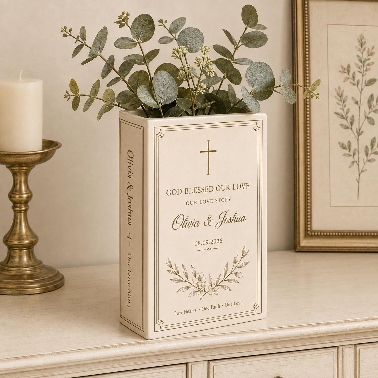 Personalized Christian Wedding Book Flower Vase with Couple Names and Date, Religious Faith Marriage Keepsake and Gift - photo 5