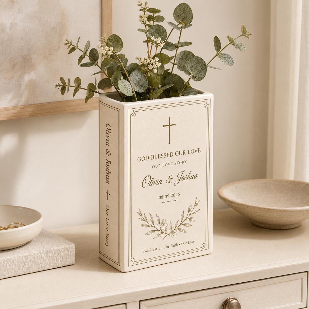 Personalized Christian Wedding Book Flower Vase with Couple Names and Date, Religious Faith Marriage Keepsake and Gift - photo 6