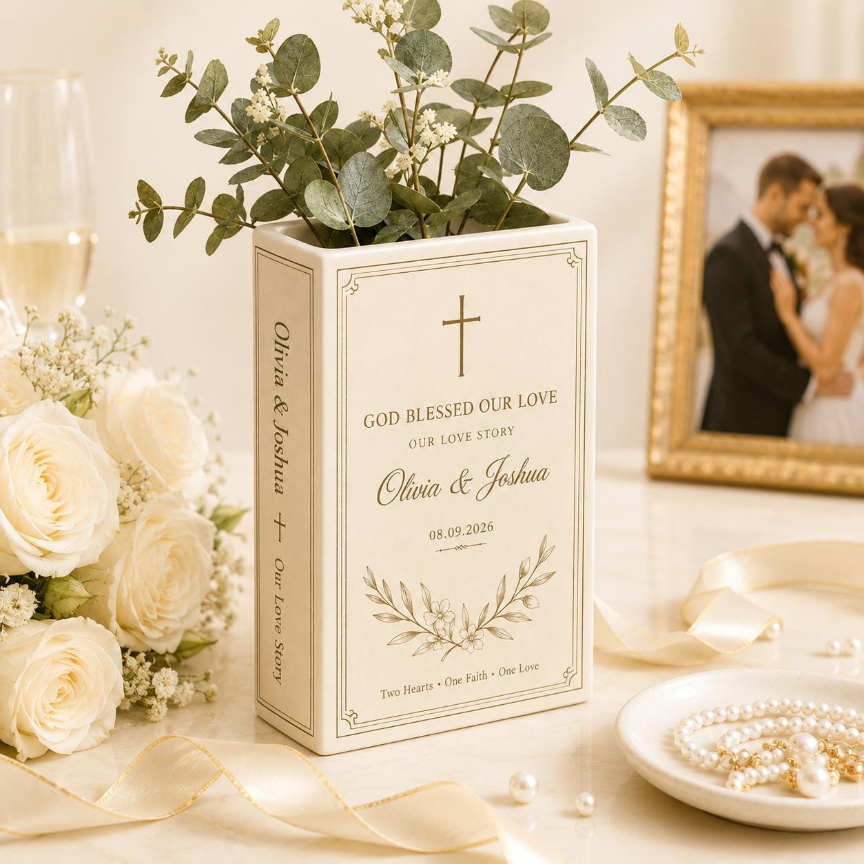 Personalized Christian Wedding Book Flower Vase with Couple Names and Date, Religious Faith Marriage Keepsake and Gift - photo 7