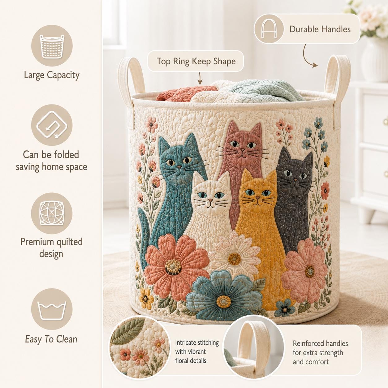 Cats Storage Basket and Fabric Cat Lover Laundry Hamper for Home Organization - photo 9