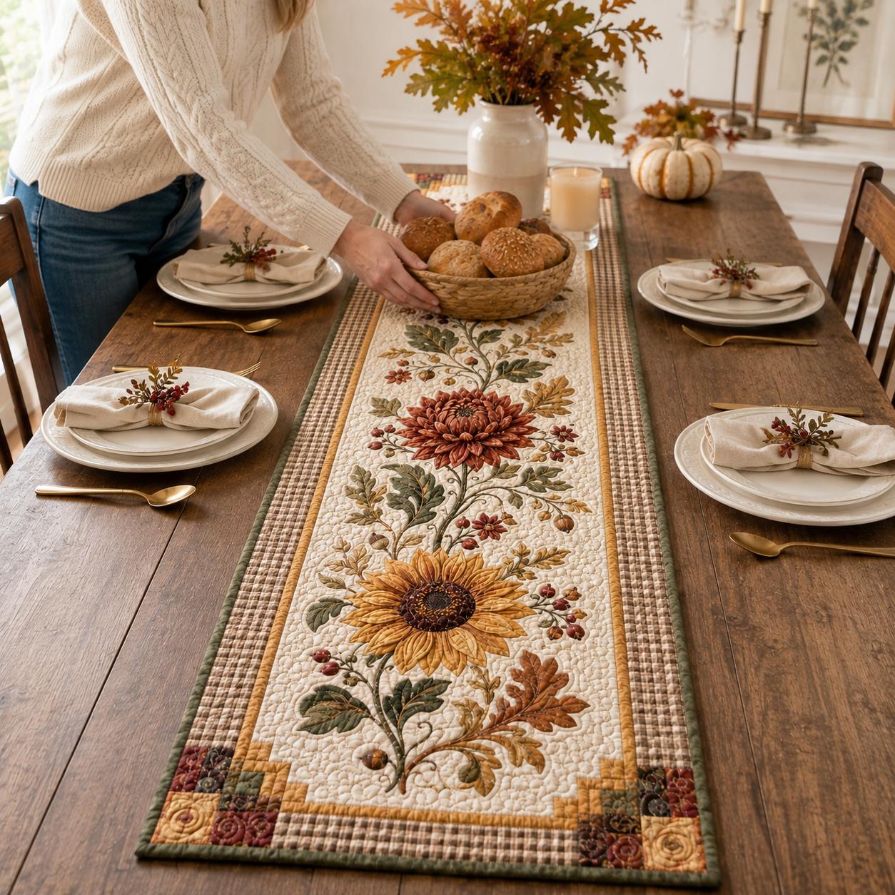 Table Runner Sunflower Fall with Autumn Floral Thanksgiving Decor and Rustic Harvest Gift in Cozy Fall Table Runners Quilted Style