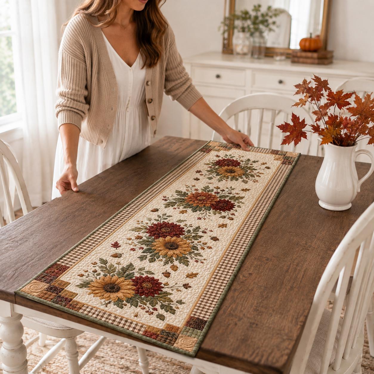 Table Runner Sunflower Fall with Autumn Floral Thanksgiving Decor and Rustic Harvest Gift in Cozy Fall Table Runners Quilted Style - photo 7