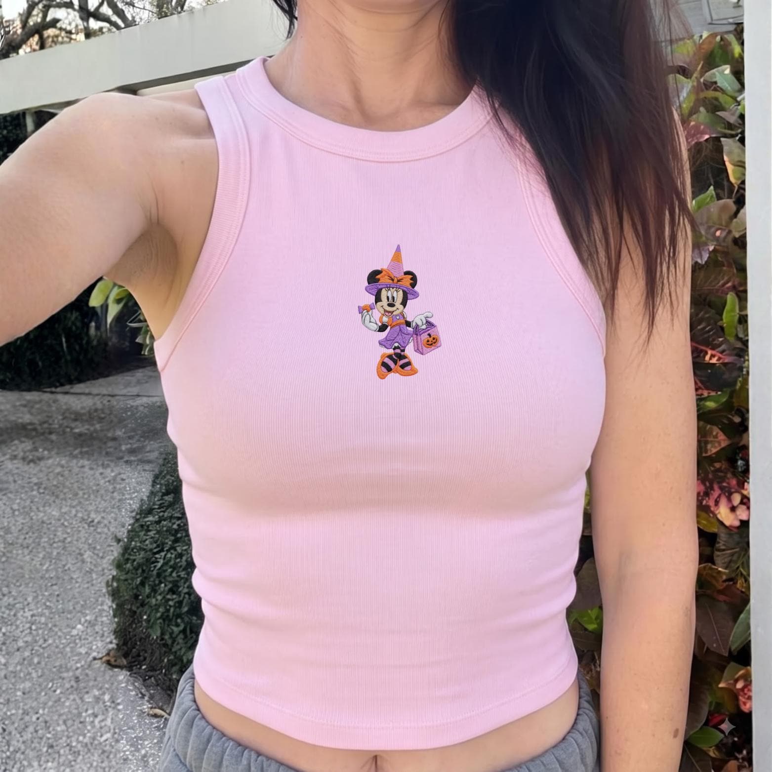 Embroidered Coquette Minnie Mouse Pumpkin Disney Halloween Tank Top Baby Tee – Trick or Treat Down Main Street Halloween Party Shirt