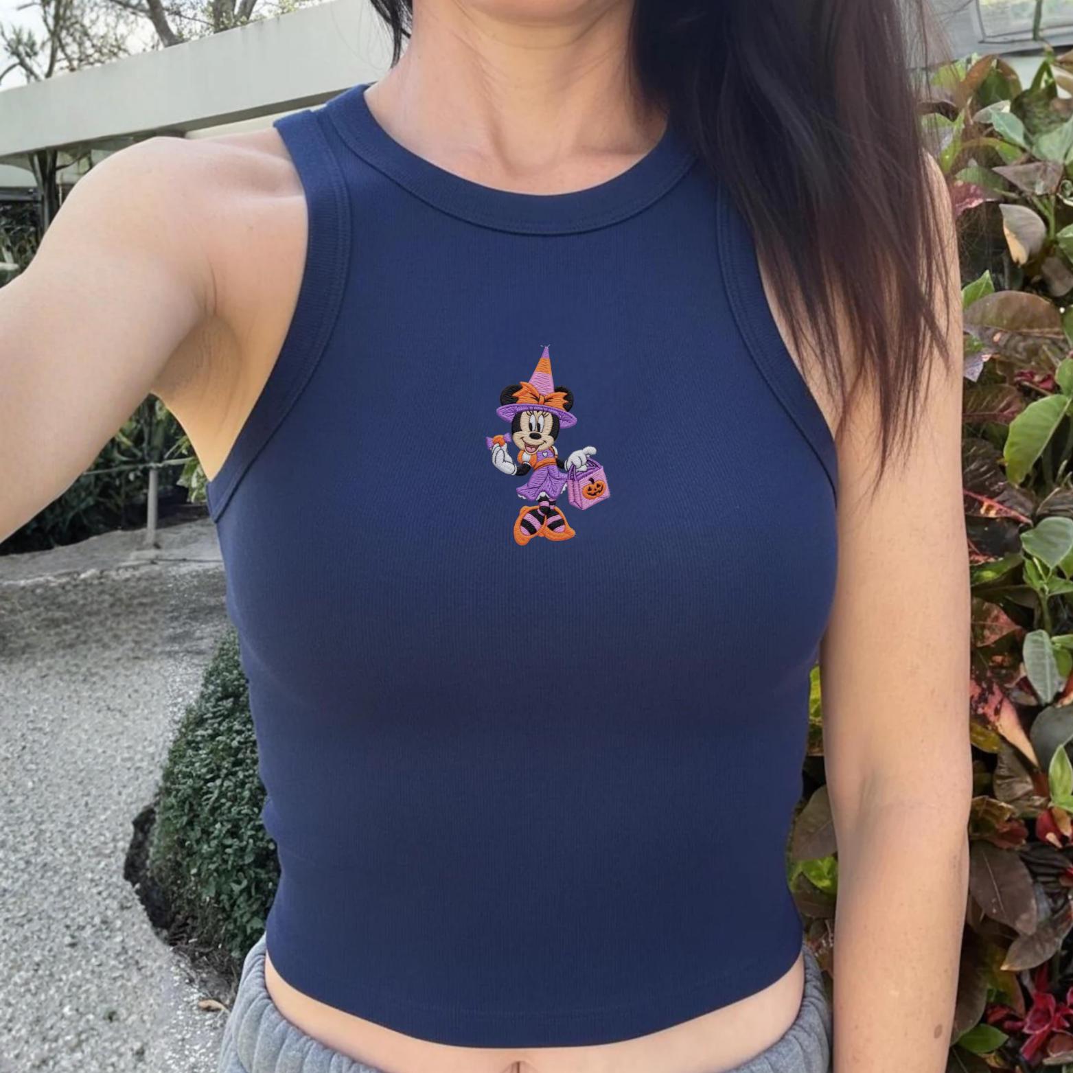 Embroidered Coquette Minnie Mouse Pumpkin Disney Halloween Tank Top Baby Tee – Trick or Treat Down Main Street Halloween Party Shirt - photo 2