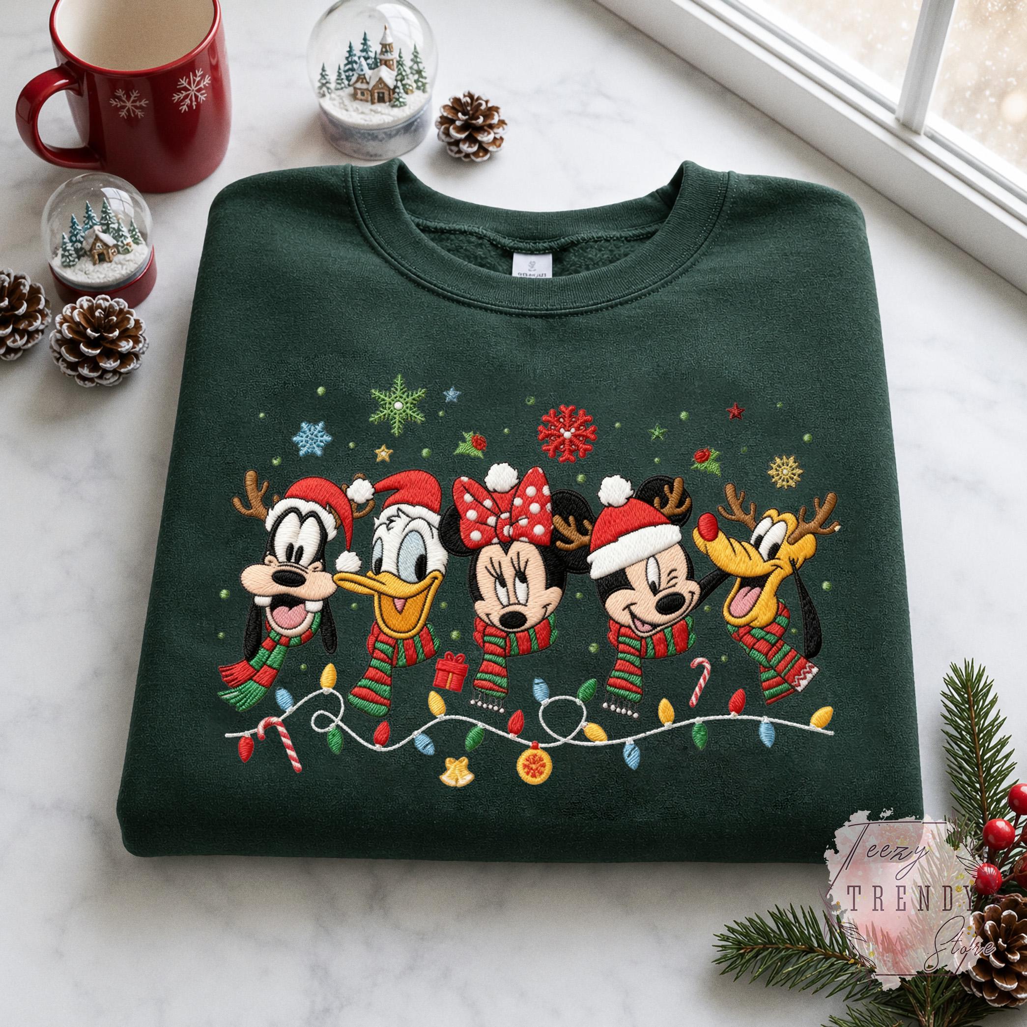 Embroidered Mickey and Friends Christmas Sweatshirt – Disney Holiday Crewneck and Cozy Winter Sweater for Matching Family Xmas Trip