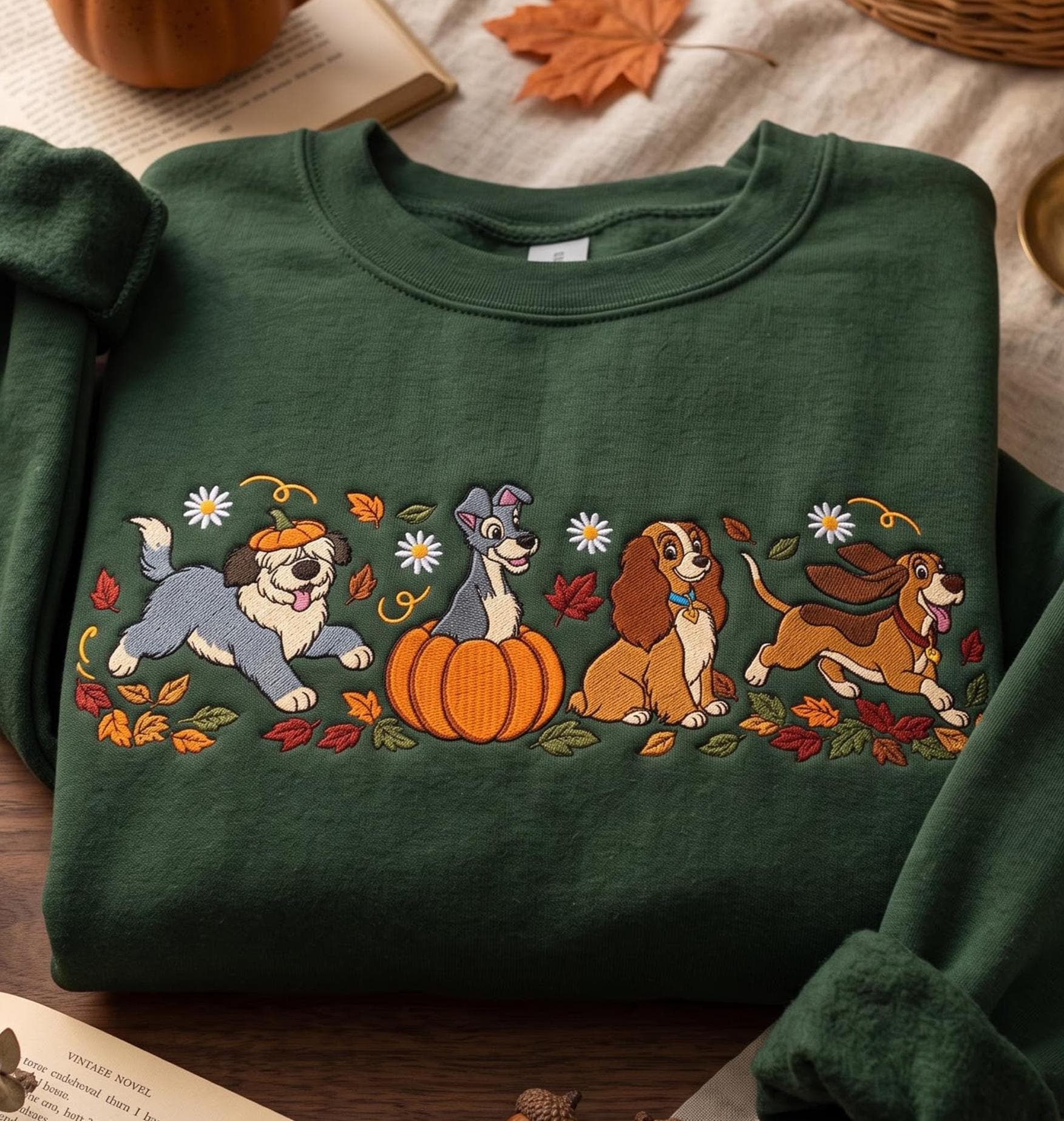 Embroidered Disney Dogs Pumpkin Sweatshirt With Lady Tramp Copper Max – Cute Fall Autumn Leaves Dog Lover Thanksgiving Day Crewneck Gift