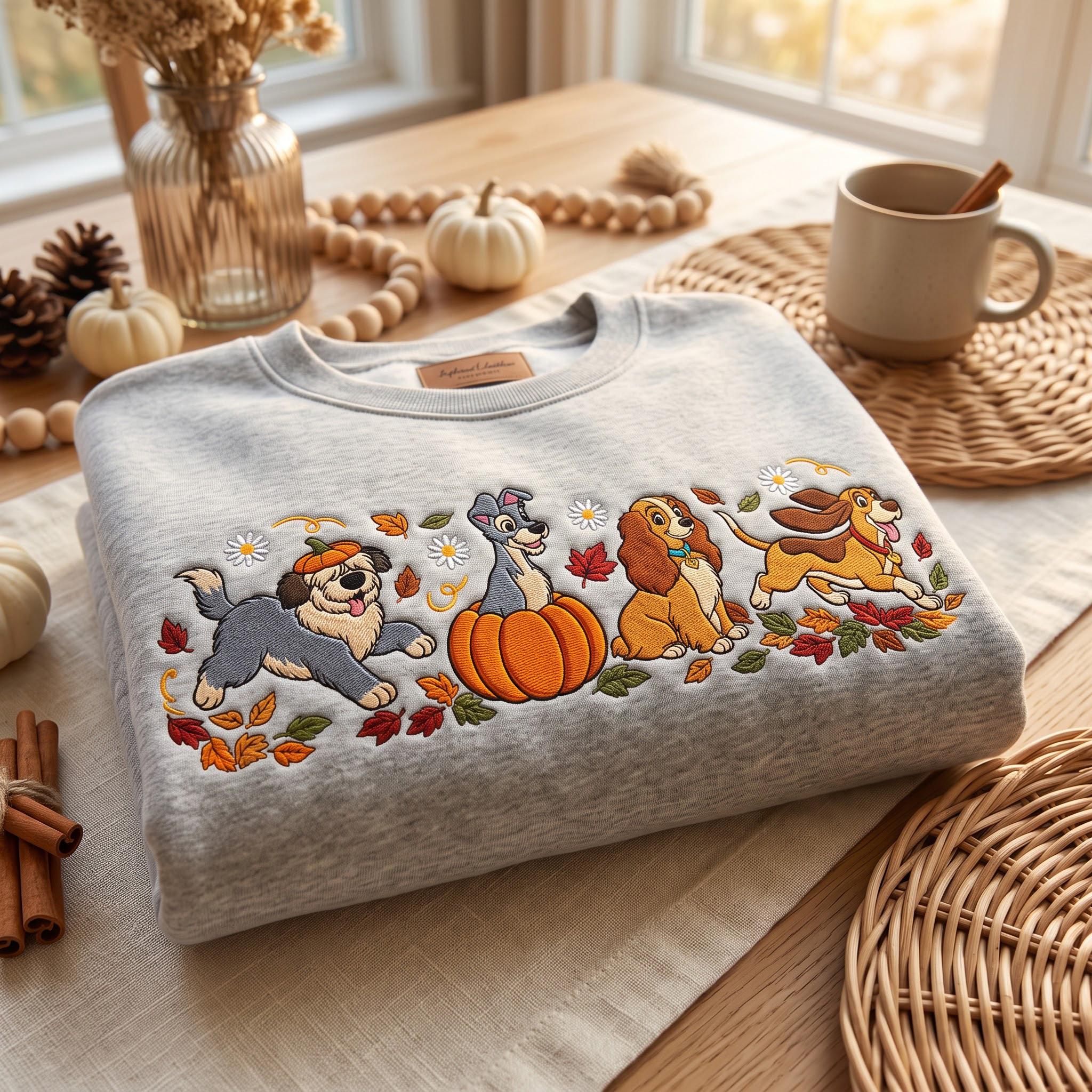 Embroidered Disney Dogs Pumpkin Sweatshirt With Lady Tramp Copper Max – Cute Fall Autumn Leaves Dog Lover Thanksgiving Day Crewneck Gift - photo 2