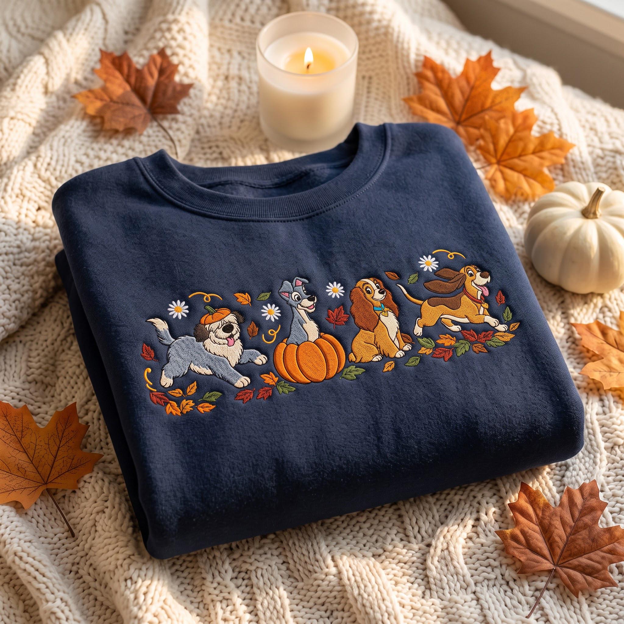 Embroidered Disney Dogs Pumpkin Sweatshirt With Lady Tramp Copper Max – Cute Fall Autumn Leaves Dog Lover Thanksgiving Day Crewneck Gift - photo 3