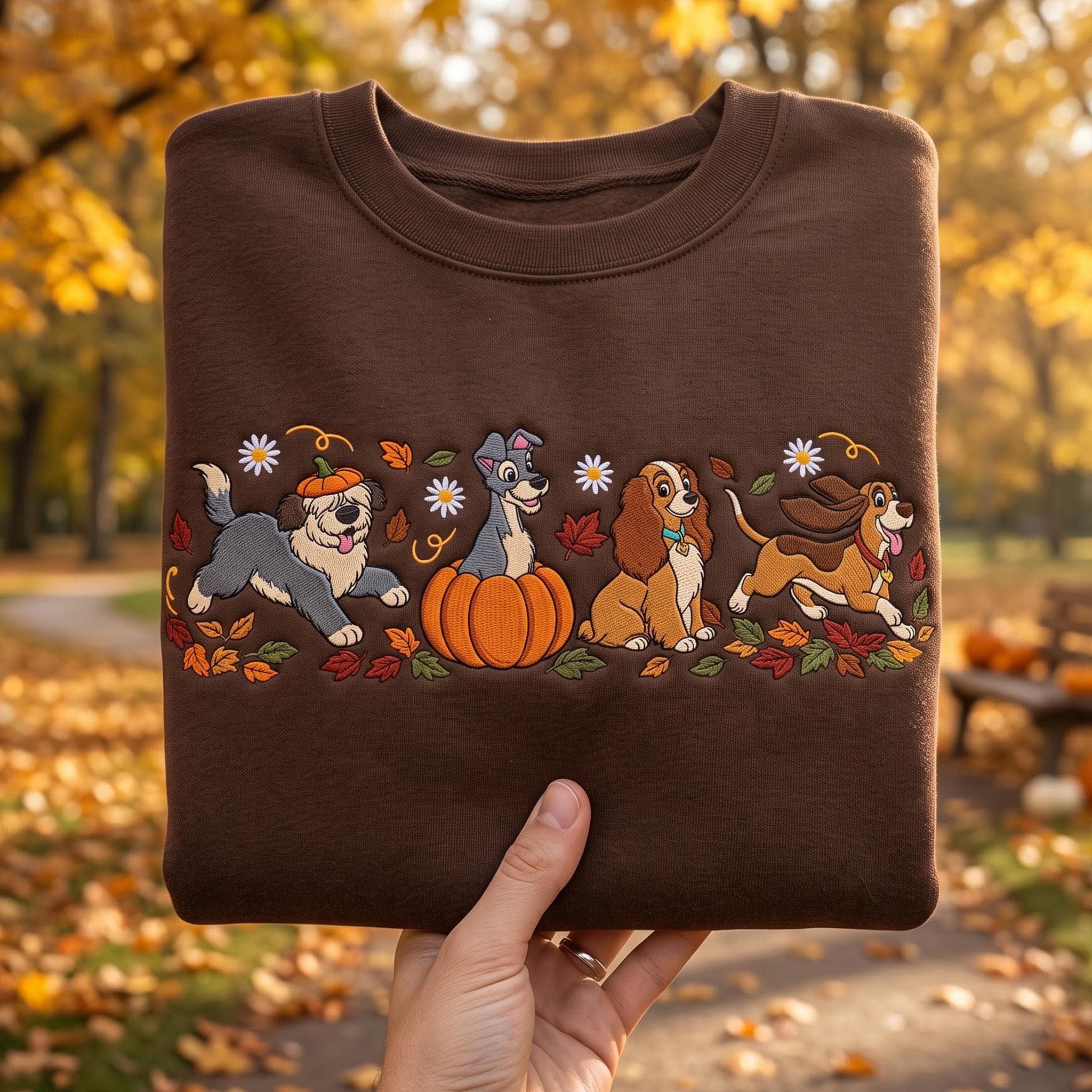 Embroidered Disney Dogs Pumpkin Sweatshirt With Lady Tramp Copper Max – Cute Fall Autumn Leaves Dog Lover Thanksgiving Day Crewneck Gift - photo 4