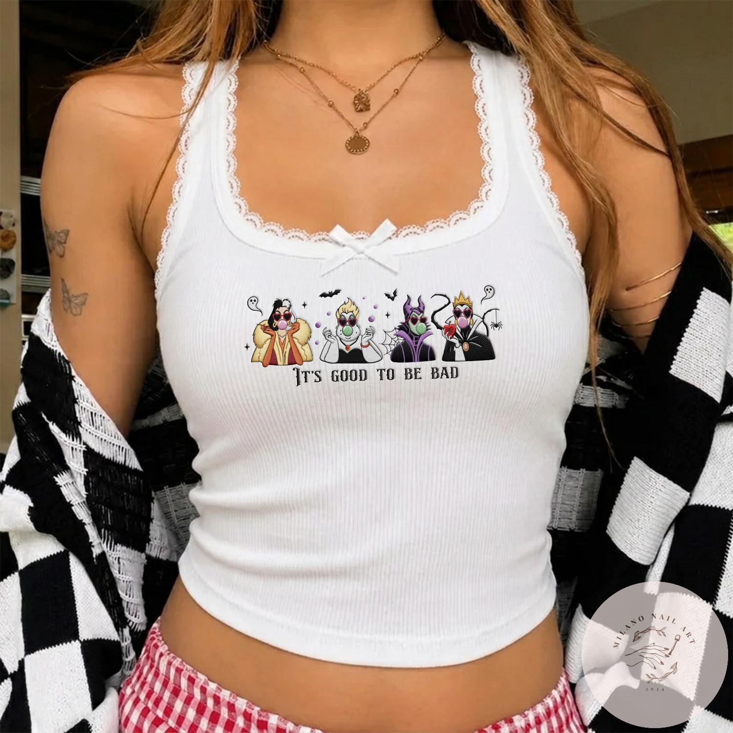 Embroidered Disney Villains Sweatshirt and T-Shirt With Ursula Evil Queen Cruella – 90s Disney Halloween Baby Tee Lace Trim Tank - photo 2