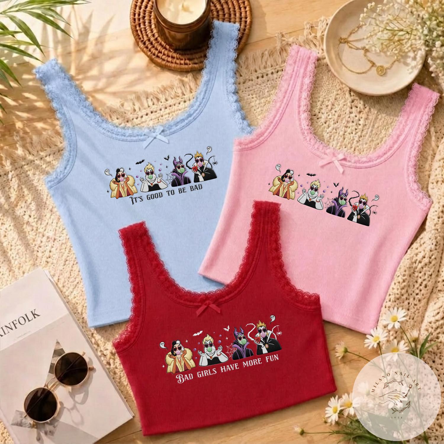 Embroidered Disney Villains Sweatshirt and T-Shirt With Ursula Evil Queen Cruella – 90s Disney Halloween Baby Tee Lace Trim Tank - photo 5