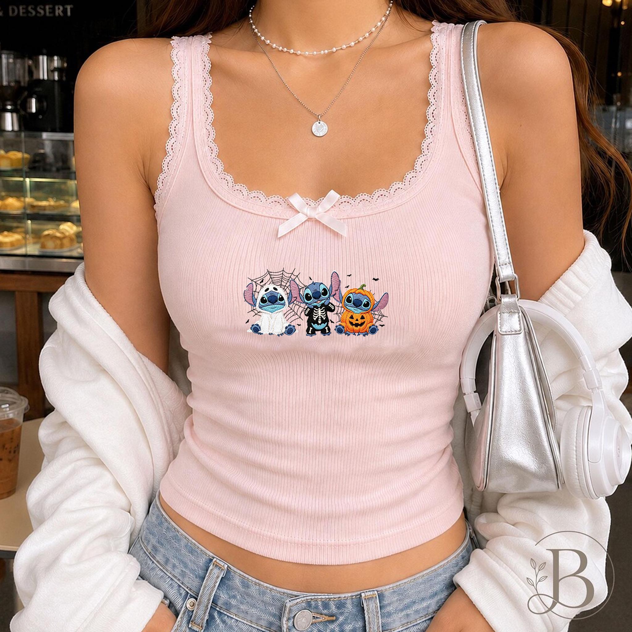 Embroidered Stitch Halloween Lace Trim Tank Top – Stitch Ghost Pumpkin Baby Tee Crop Tank and Disney Halloween Embroidered Crop Top - photo 6