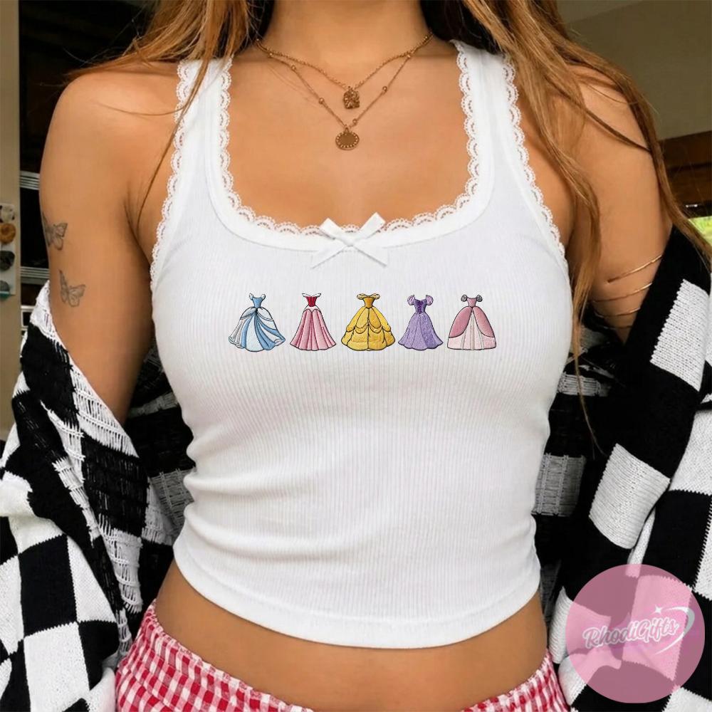 Embroidered Disney Princess Dress Lace Trim Tank Top With Cinderella Aurora Belle Rapunzel – Baby Tee Crop Tank for Disney Girls Trip Outfit