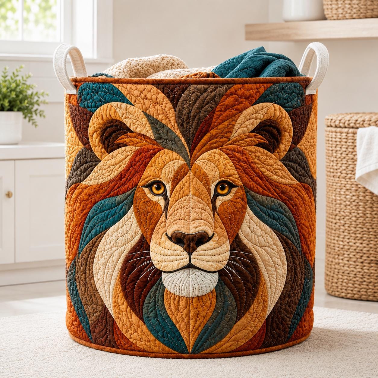 Large Quilt Style Patchwork Colorful Lion Head Laundry Basket, Storage Bin Hamper for Nursery Decor and Gift for Mom