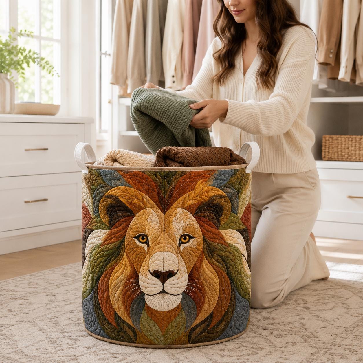 Large Quilt Style Patchwork Colorful Lion Head Laundry Basket, Storage Bin Hamper for Nursery Decor and Gift for Mom - photo 2