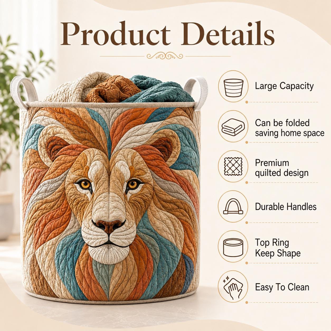 Large Quilt Style Patchwork Colorful Lion Head Laundry Basket, Storage Bin Hamper for Nursery Decor and Gift for Mom - photo 5