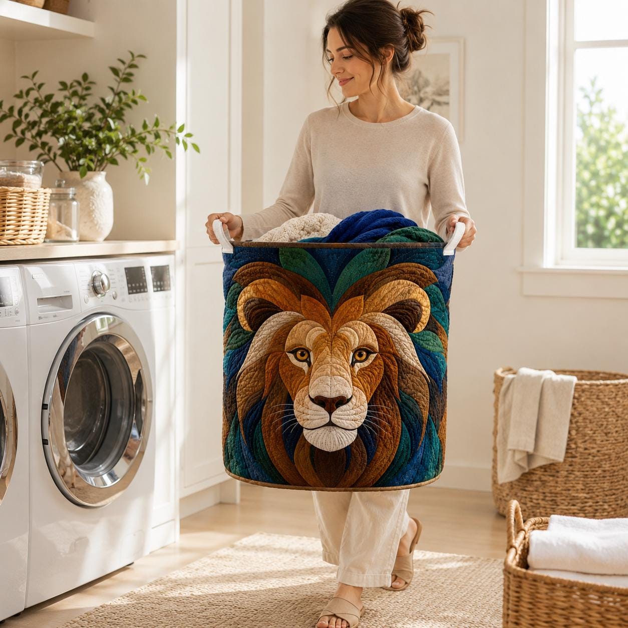 Large Quilt Style Patchwork Colorful Lion Head Laundry Basket, Storage Bin Hamper for Nursery Decor and Gift for Mom - photo 7