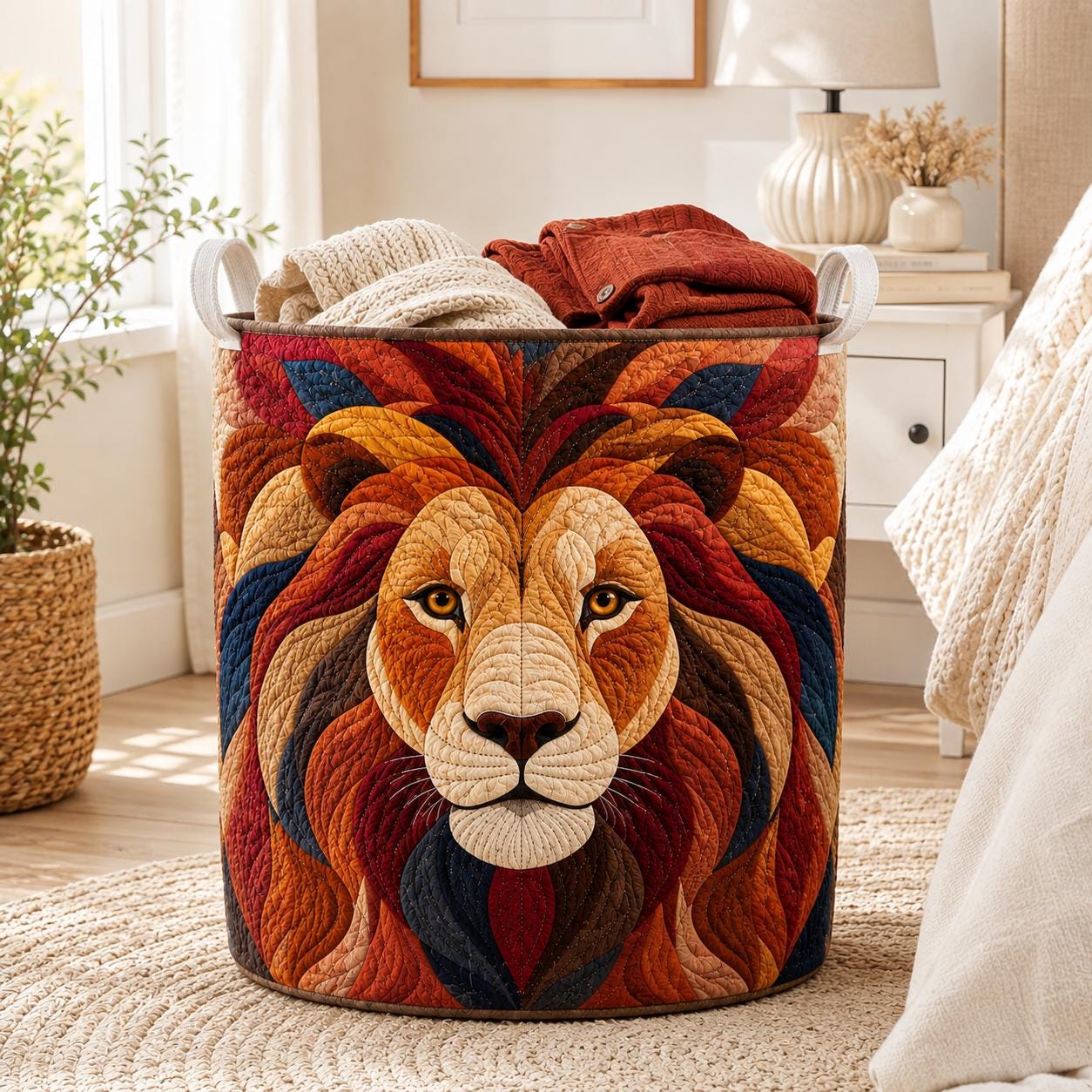 Large Quilt Style Patchwork Colorful Lion Head Laundry Basket, Storage Bin Hamper for Nursery Decor and Gift for Mom - photo 8