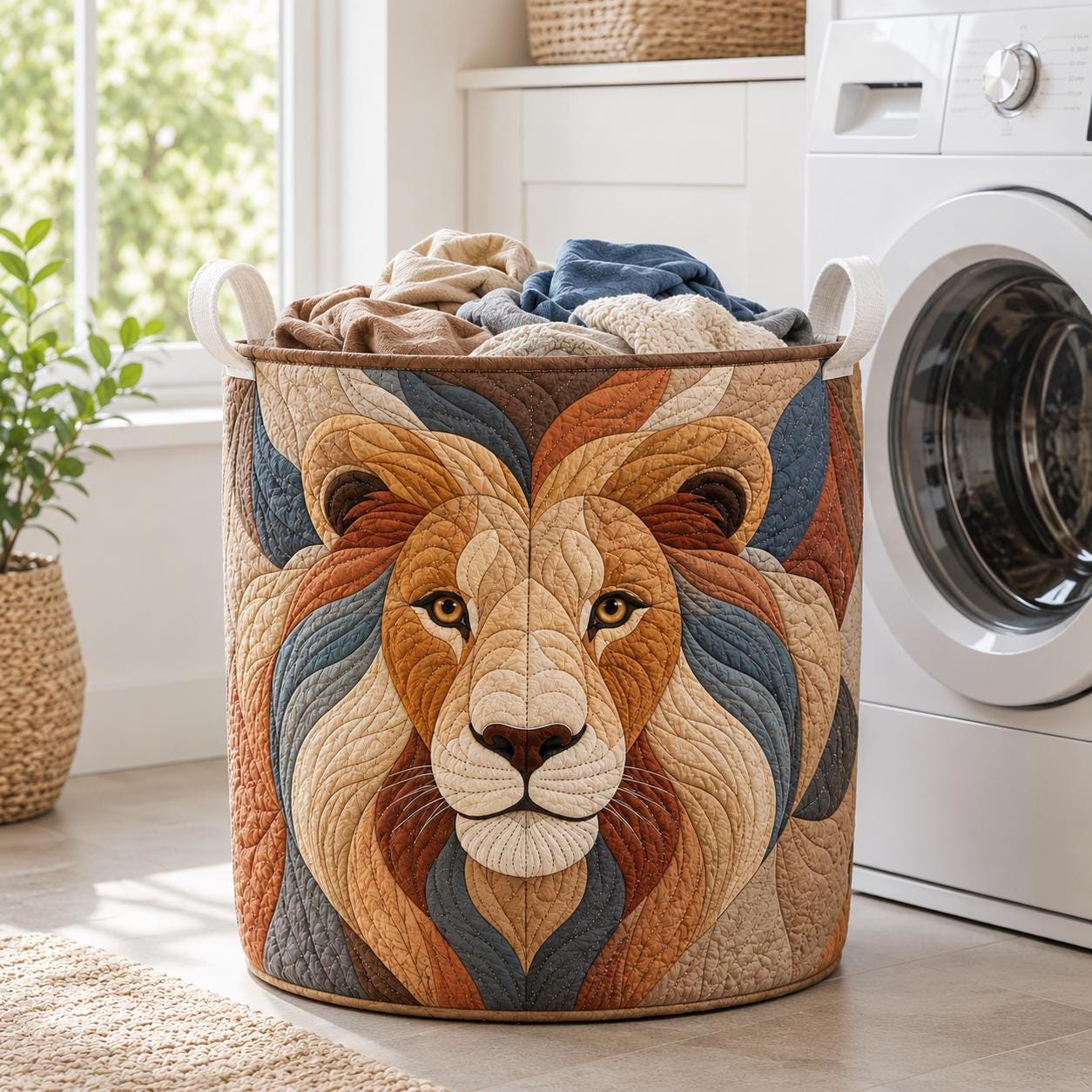 Large Quilt Style Patchwork Colorful Lion Head Laundry Basket, Storage Bin Hamper for Nursery Decor and Gift for Mom - photo 9