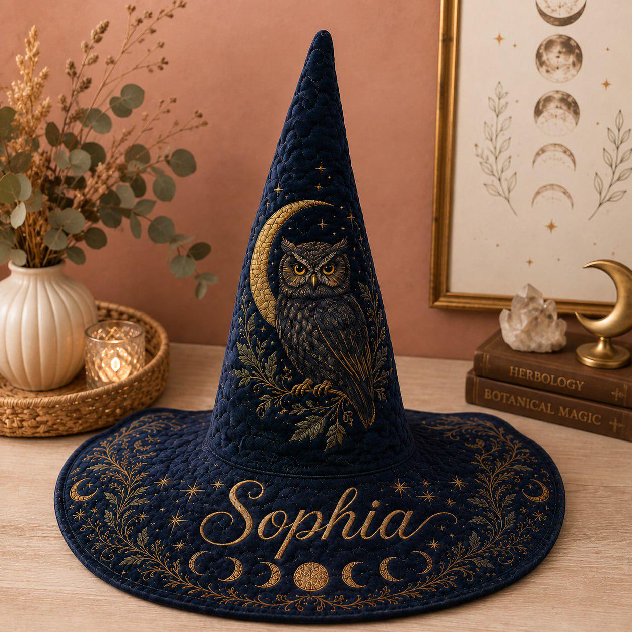 Personalized Witch Hat with Custom Name Wizard Design and Owl Moon Navy Blue Cottagecore Halloween Costume