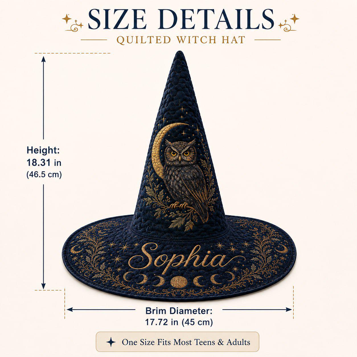 Personalized Witch Hat with Custom Name Wizard Design and Owl Moon Navy Blue Cottagecore Halloween Costume - photo 2