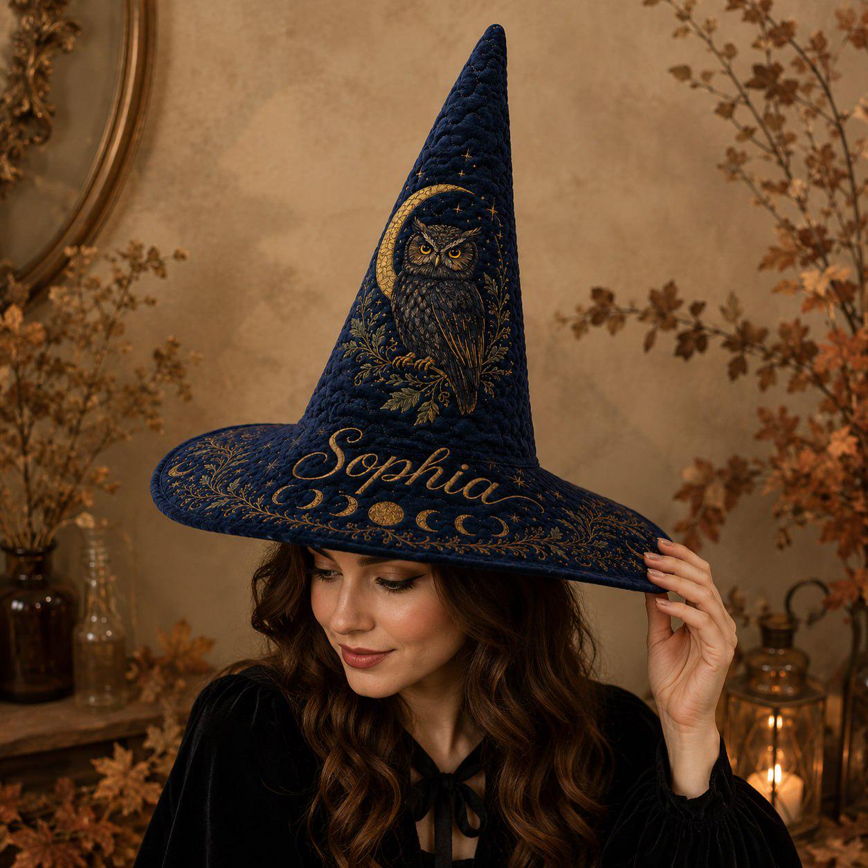 Personalized Witch Hat with Custom Name Wizard Design and Owl Moon Navy Blue Cottagecore Halloween Costume - photo 3
