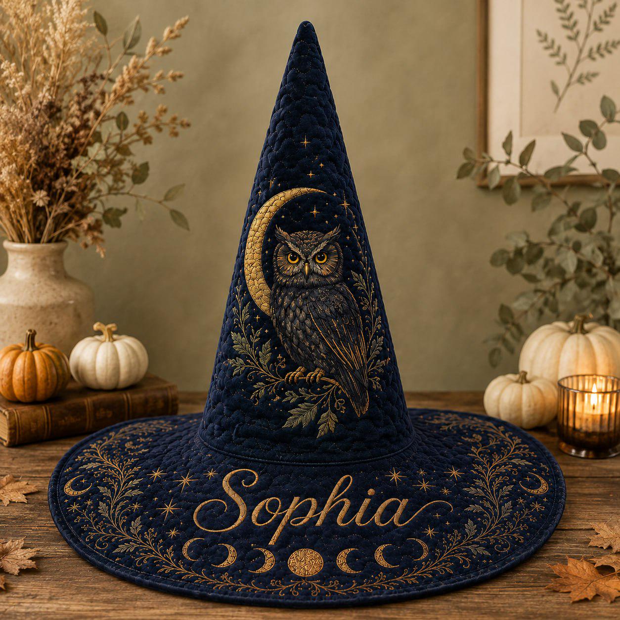 Personalized Witch Hat with Custom Name Wizard Design and Owl Moon Navy Blue Cottagecore Halloween Costume - photo 4