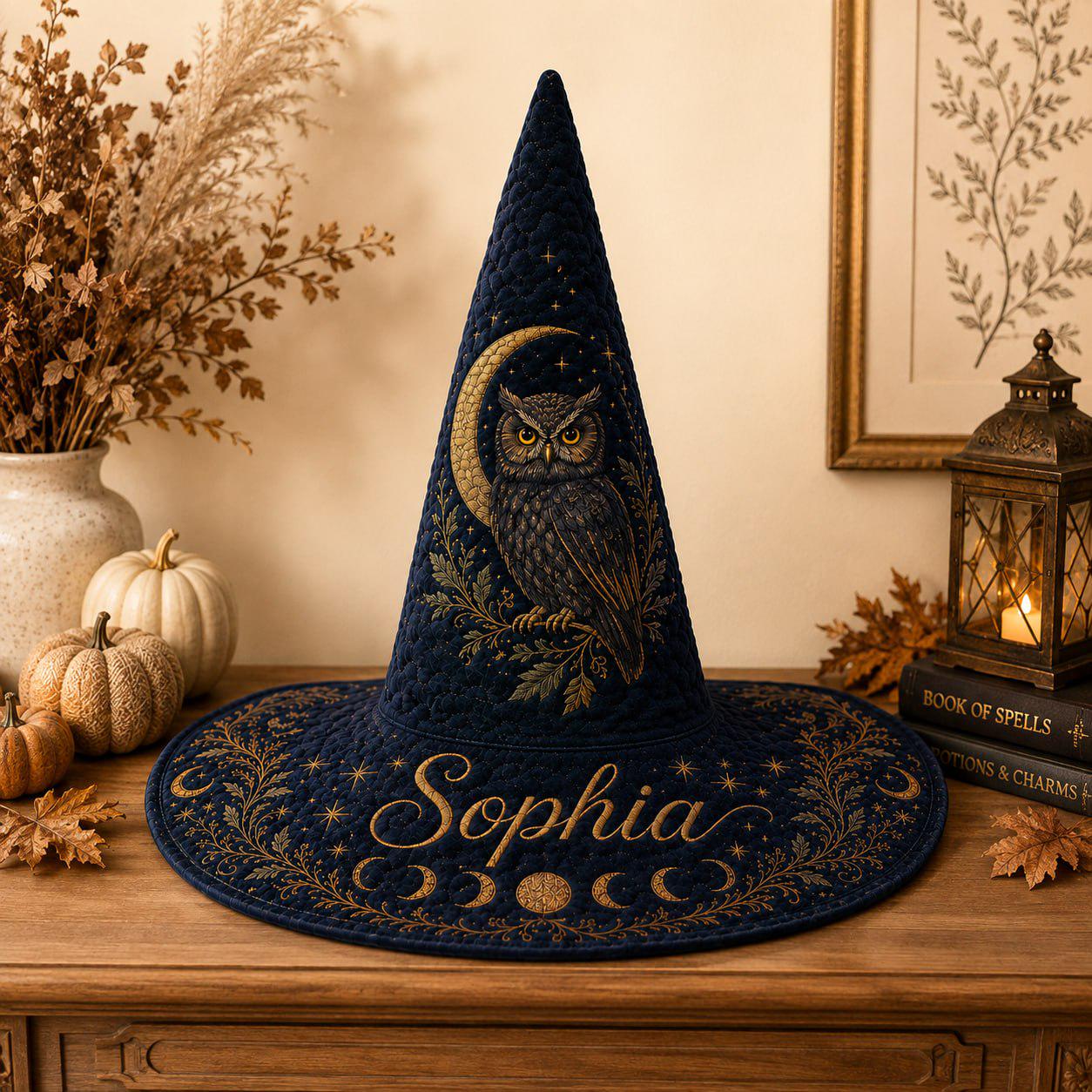 Personalized Witch Hat with Custom Name Wizard Design and Owl Moon Navy Blue Cottagecore Halloween Costume - photo 5