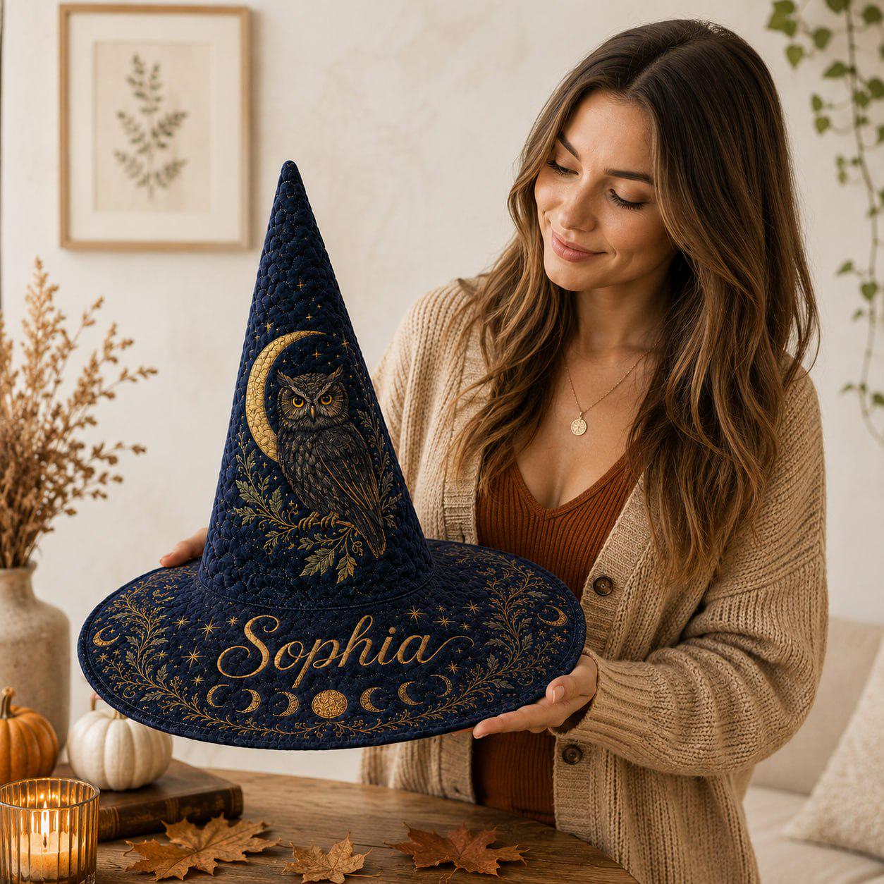 Personalized Witch Hat with Custom Name Wizard Design and Owl Moon Navy Blue Cottagecore Halloween Costume - photo 6