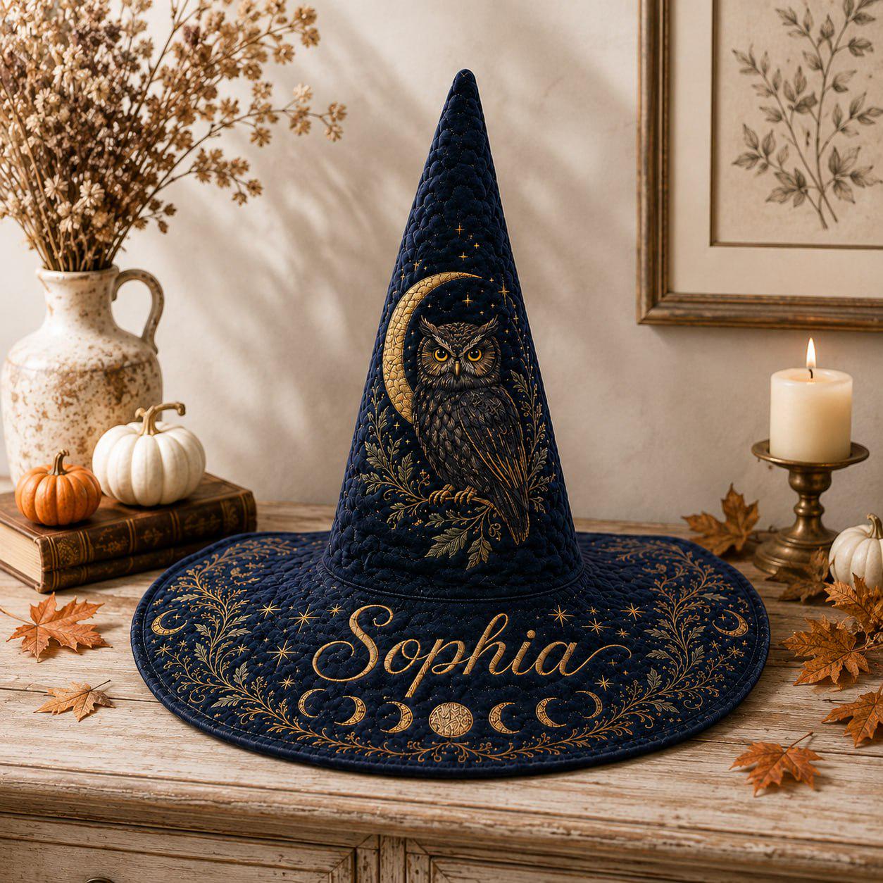 Personalized Witch Hat with Custom Name Wizard Design and Owl Moon Navy Blue Cottagecore Halloween Costume - photo 7