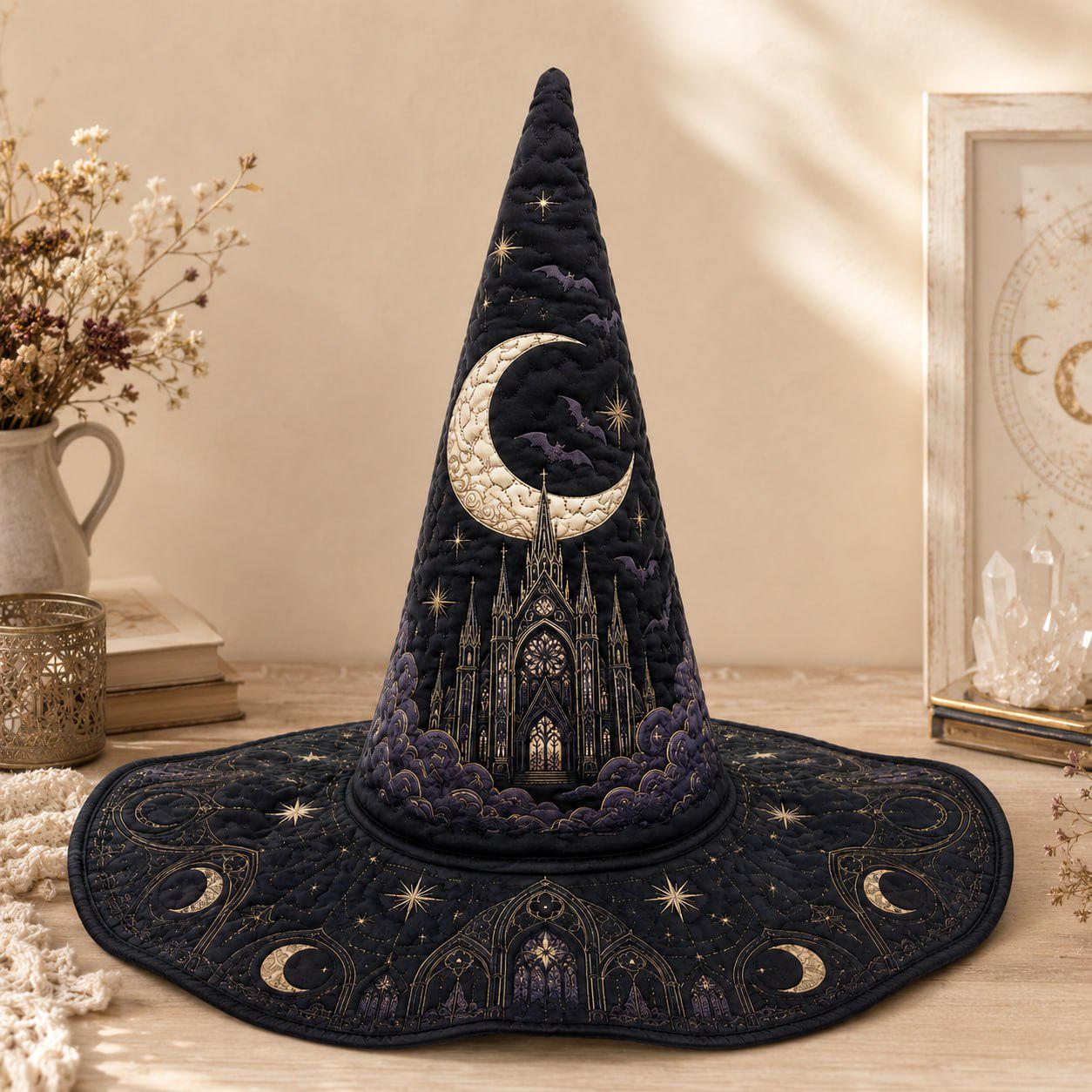 Hat Gothic Witch with Celestial Cathedral and Moon Phase Wizard in Navy Blue Halloween Style for Dark Academia Costume